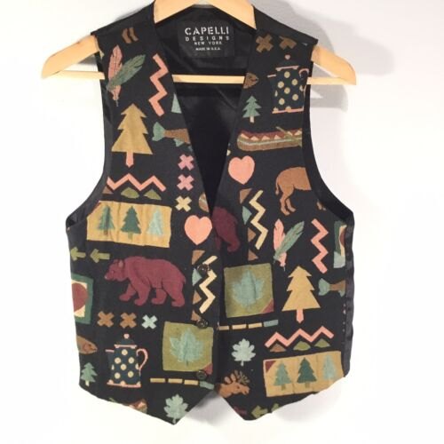 Vtg Women Vest One Size Cotton Black Christmas Vintage